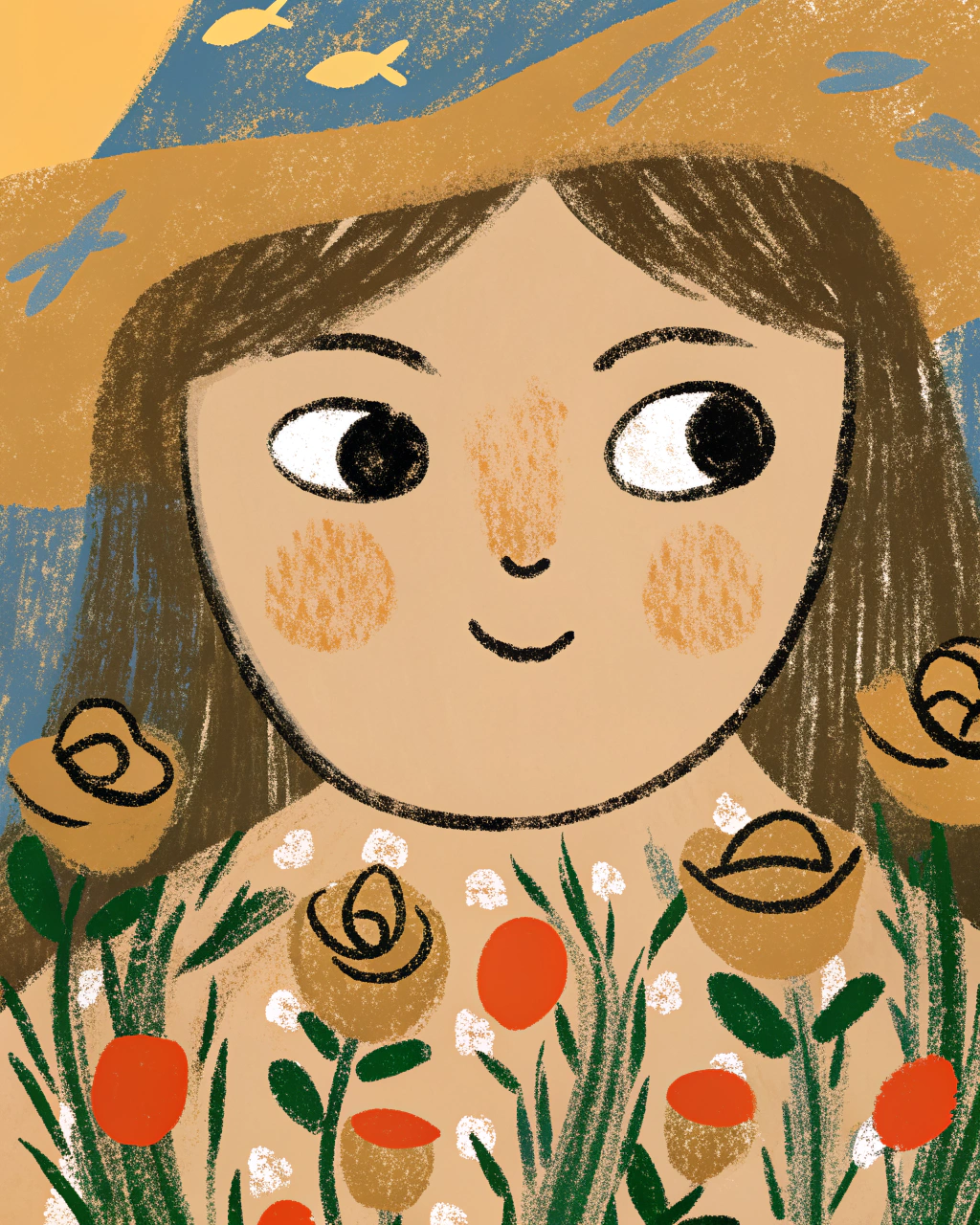 AI generated image by Red Panda AI: big head, portrait, roses, flowers, mixed media, watercolour, oil painting, illustrated, vintage, pen and ink, pastels, lace, collage, subtle, dramatically oversized eyes, large eyes, big eyes, soft, oversized big hat, blue background, balanced face, painterly style, gothic, fish, clouds, sun, grass,