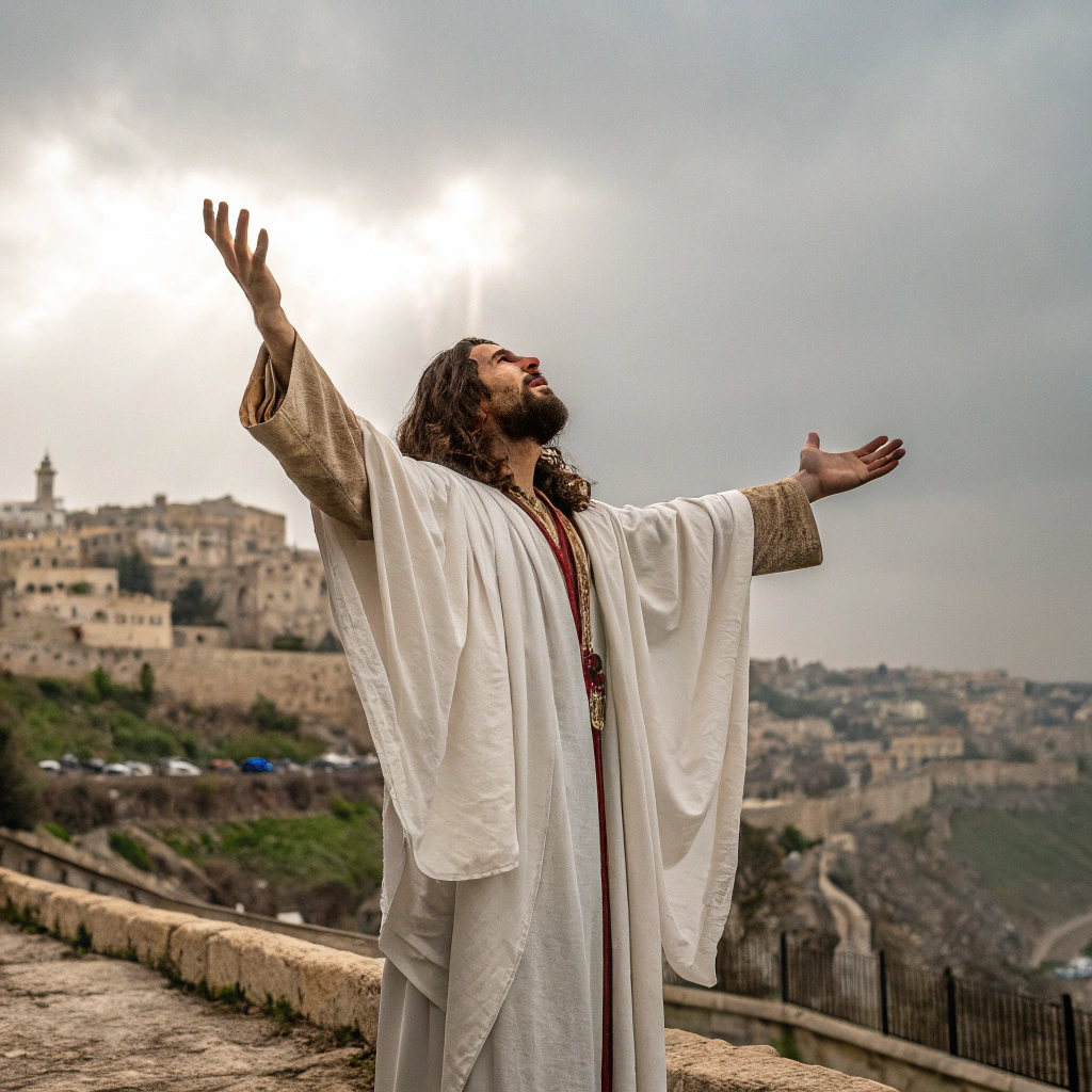 AI generated image by Red Panda AI: Jesus looking up with his arms open, palms facing upwards, a stream of energy coming out. In the background the city of Galilee