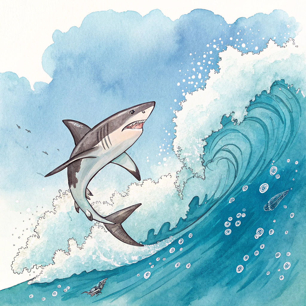 AI generated image by Red Panda AI: surfing shark water color 
