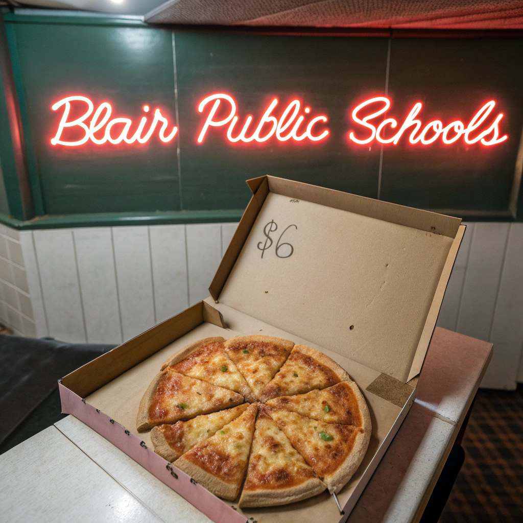 AI generated image by Red Panda AI: image of a pizza in a box with 11 slices visible. In place of slice #12 is the hand-written text: "$6".  The name on the neon sign of the 
pizza restaurant sign is "Blair Public Schools"