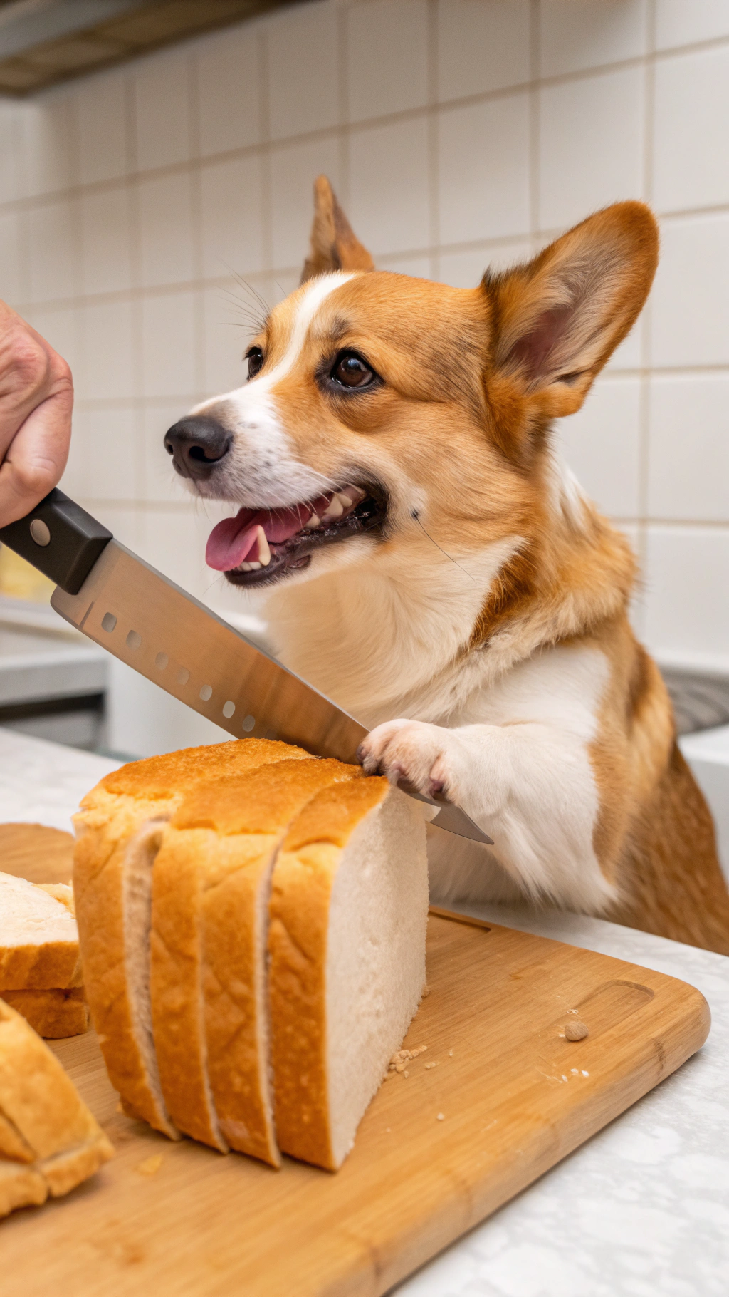 AI generated image by Red Panda AI: A corgi is gripping a bread knife with its front paw like a human being. The corgi is slicing into a solid loaf of bread.