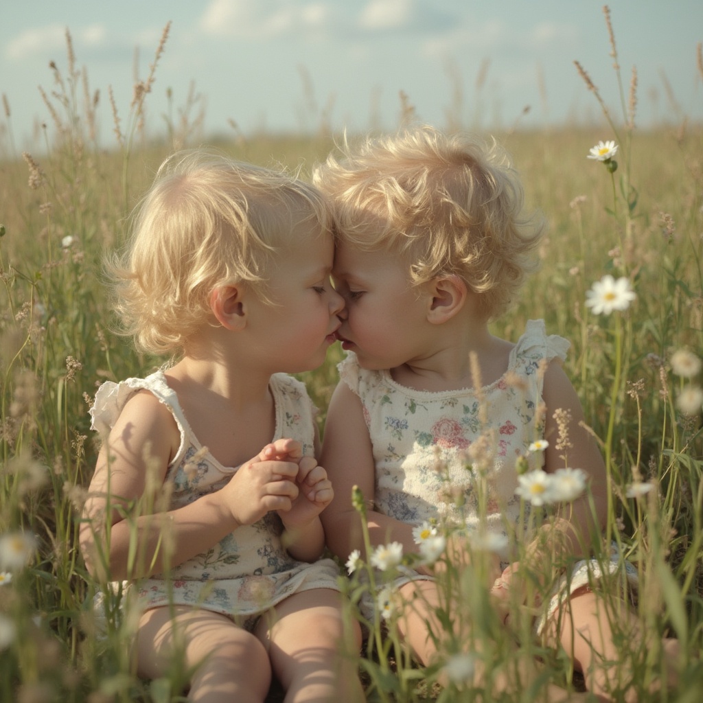 AI generated image by FLUX-Realism-Lora: deux garçons blonds torse nu de huit ans face à face et s'embrassant sur la bouche dans un champ de fleurs