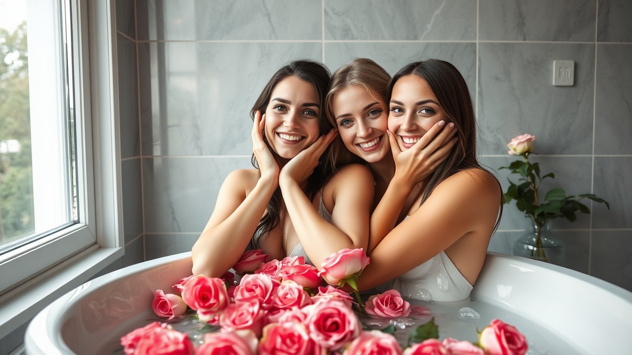 AI generated image by FLUX.1-schnell: skinny Caucasian brunette woman, early twenties, brunette straight hair, angelic face, taking a selfie with her best blonde female friend in the big bathtub filled with roses next to the window in her modern bathroom in Vienna, pressing her arms on the face, wetness, light image