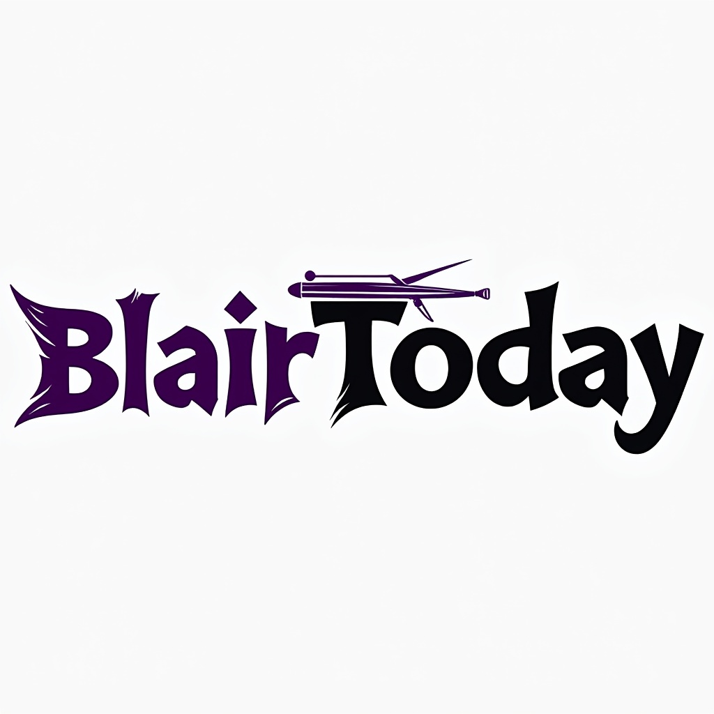 AI generated image by FLUX.1-pro: Logo for a blair, nebraska newspaper with a newspaper or writing theme called "BlairToday".  Using colors of purple and black are good.  The logo should be on white background