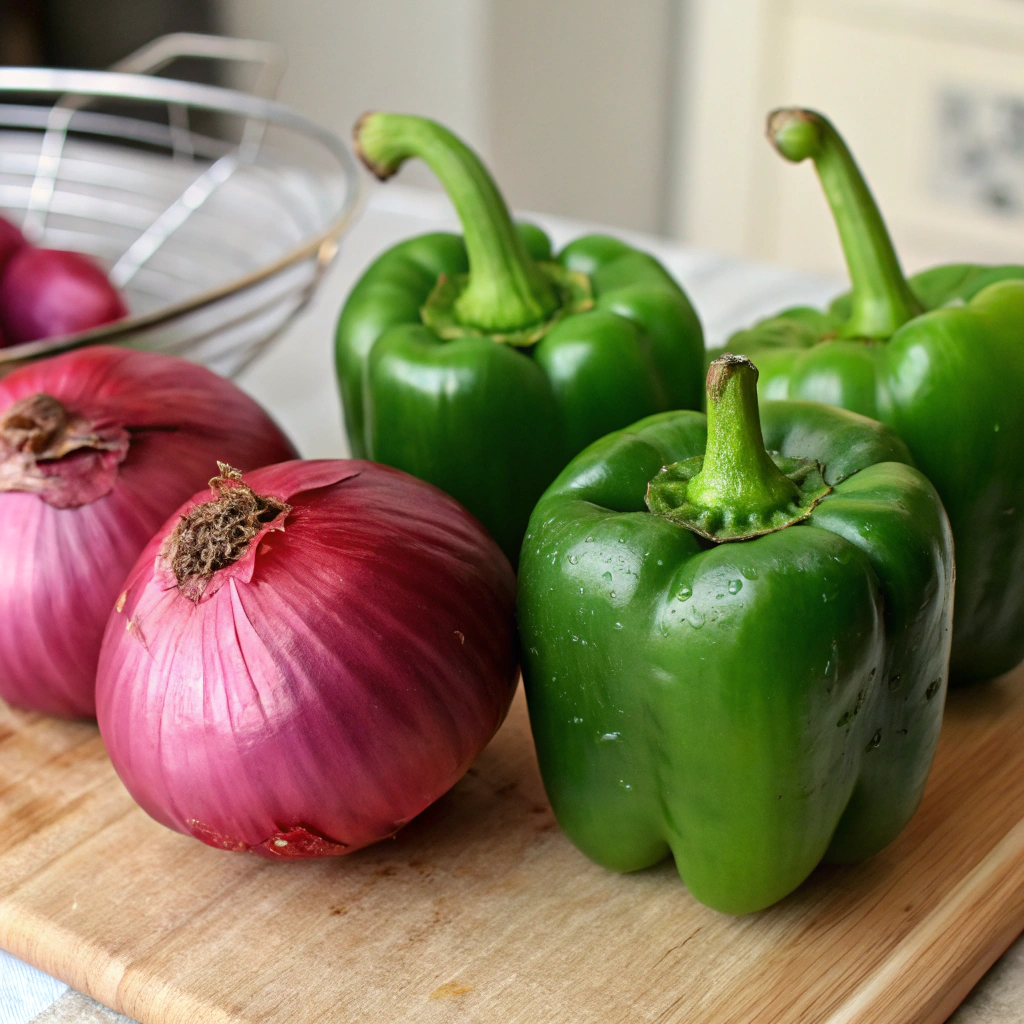 AI generated image by FLUX.1-schnell: five green peppers to the right of two red onions