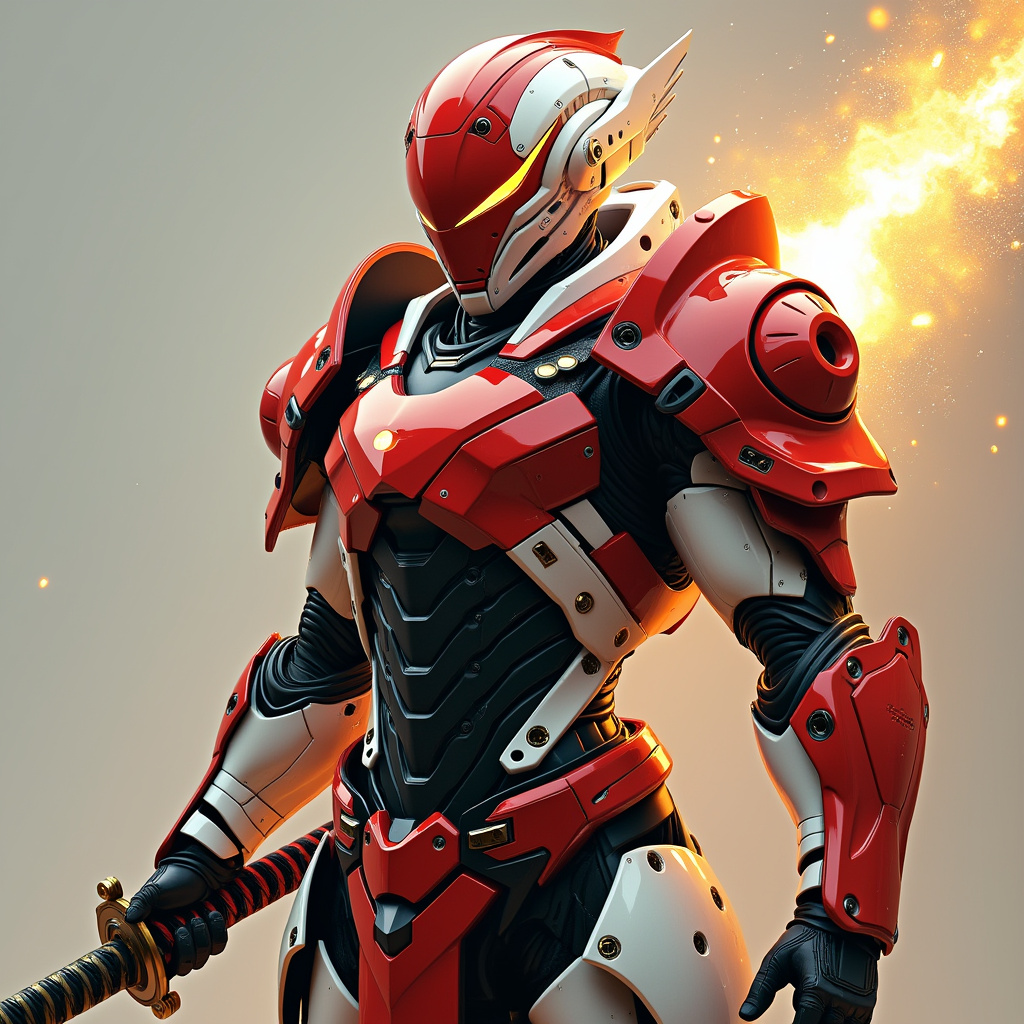 AI generated image by FLUX.1-pro: Futuristic Samurai armored warrior in a sleek Red and white exosuit, holding samurai, fire golden spark, 