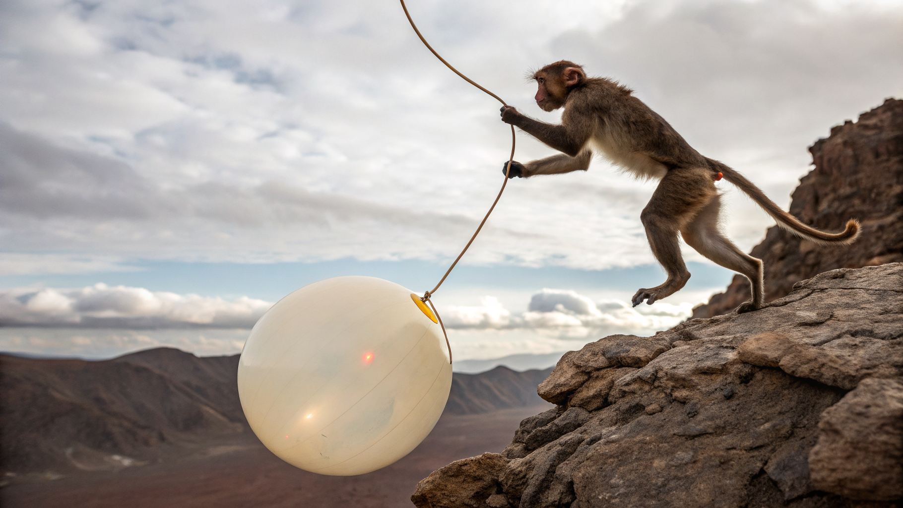 AI generated image by Red Panda AI: faça um macaco pulando corda em cima de um balao, saindo do planeta venus