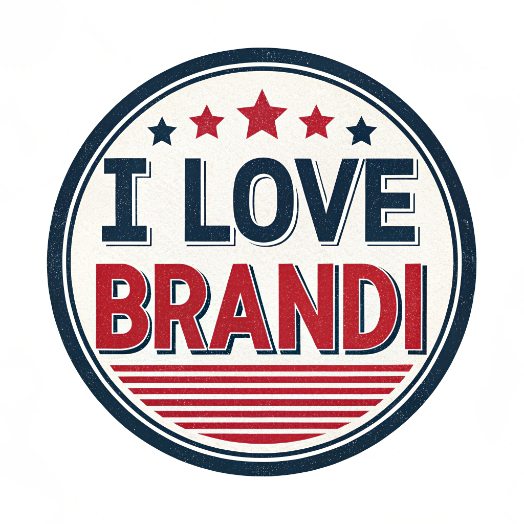 AI generated image by Red Panda AI: Circle logo, "I Love Brandi", on white background, red and white and black, only text, bold font, retro, strong