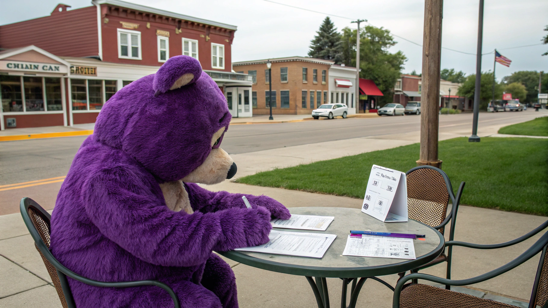 AI generated image by Red Panda AI: A purple bear playing trivia in Fort Calhoun, Nebraska.