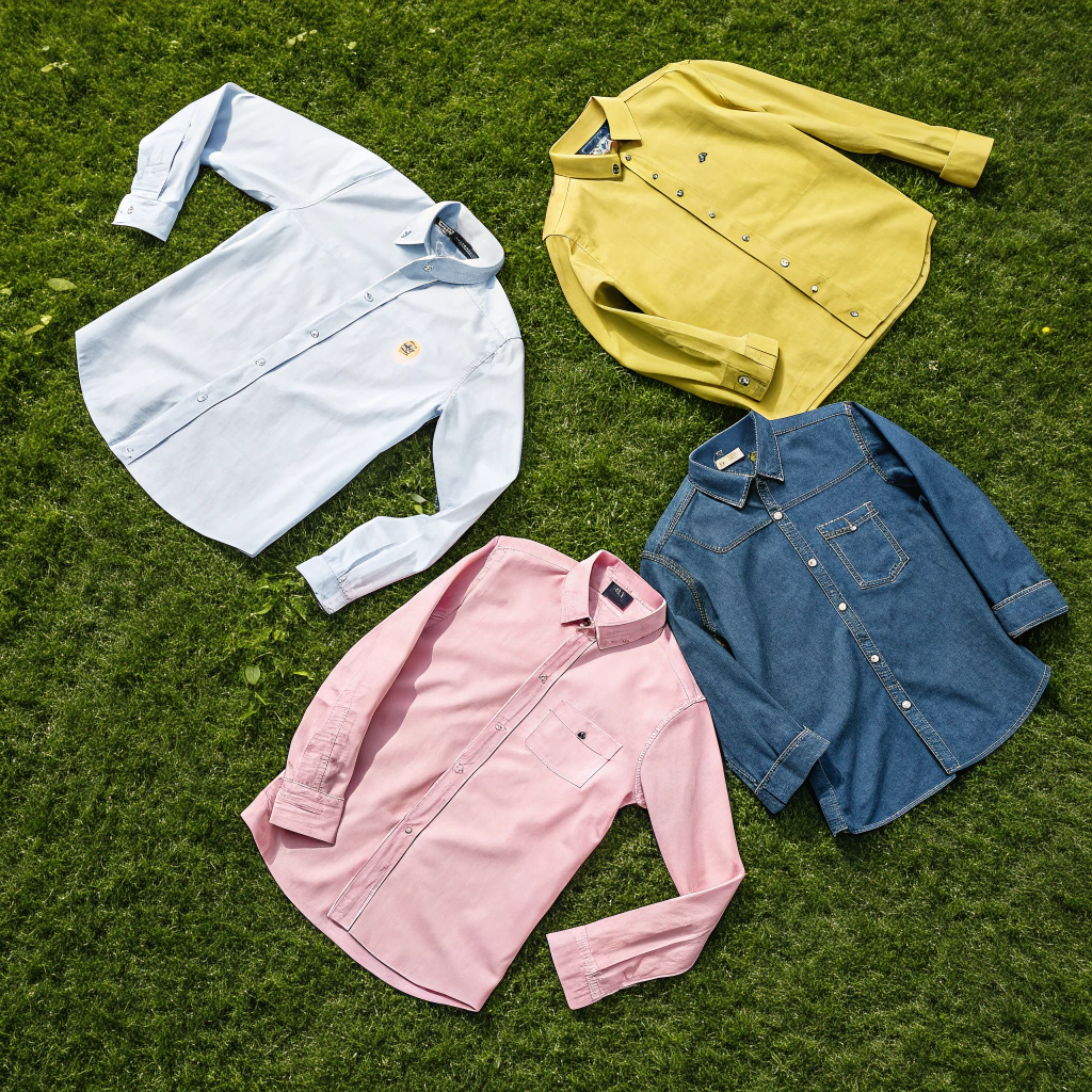 AI generated image by Red Panda AI: hazme un  diseño con camisas tiradas en el pasto una de color blanca, otra azul subido, otra amarilla bajito, otra rosa bajito, otra azul mezclilla y otra verde bajito