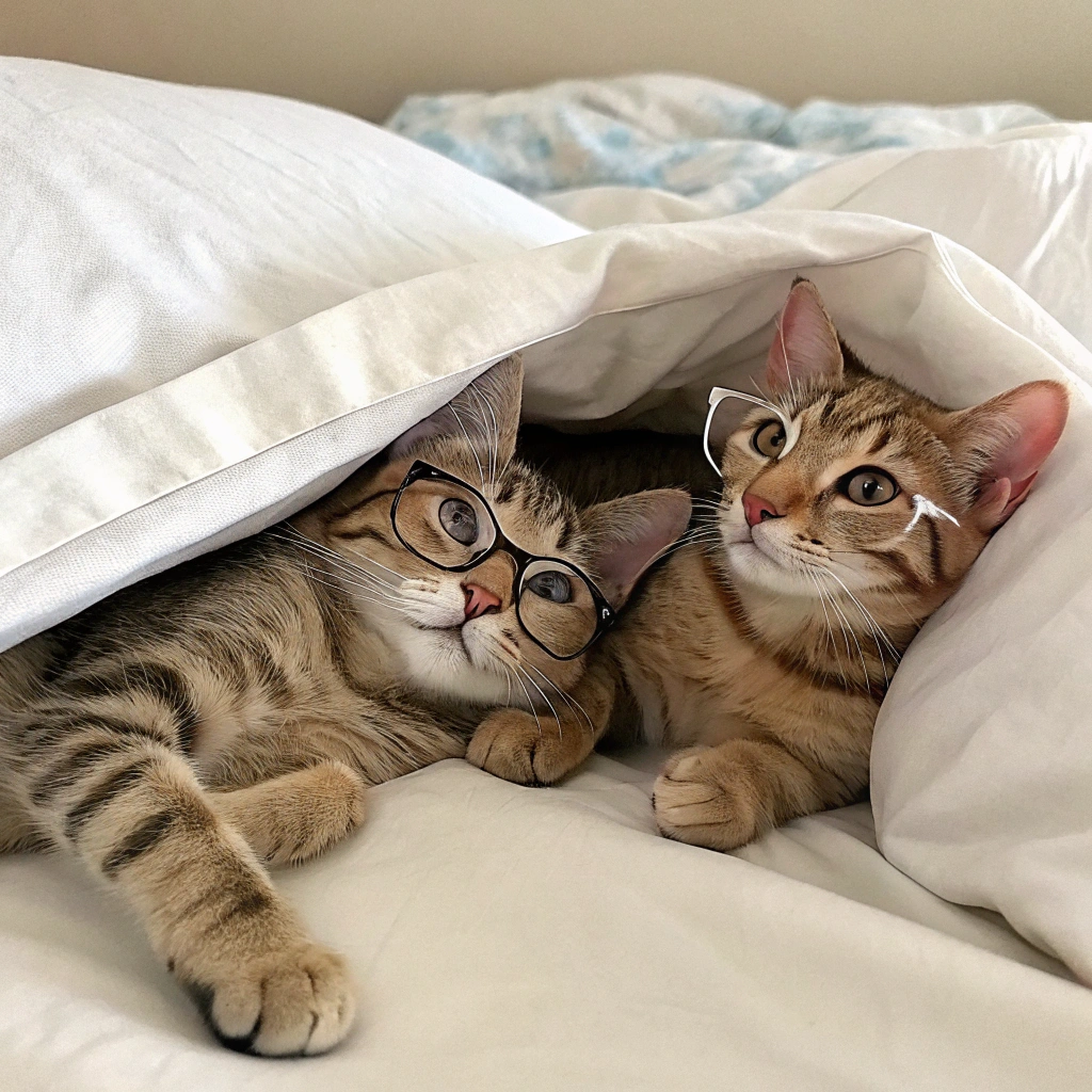 AI generated image by Red Panda AI: Crea dos gatos acostados en una cama y que con sus patitas frontales estén cubiertos por una sábana, que la estén halando con sus dos patitas frontales cada uno, que se vea como que están acostados sobre una almohada, pero que cada gatito tenga un par de lentes, has que los gatos tengan una tierna sonrisa, pero que te vean de frente los dos.
Puedes tomar de referencia la siguiente imagen, recuerda que los lentes deben estar puestos en sus cabezas a la altura de sus ojos

https://st2.depositphotos.com/2234518/7492/i/450/depositphotos_74924041-stock-photo-couple-under-bed-covers.jpg
