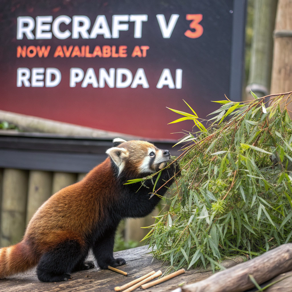 AI generated image by Red Panda AI: a red panda eating a bamboo in front of a poster that says "recraft V3 now available at red panda ai