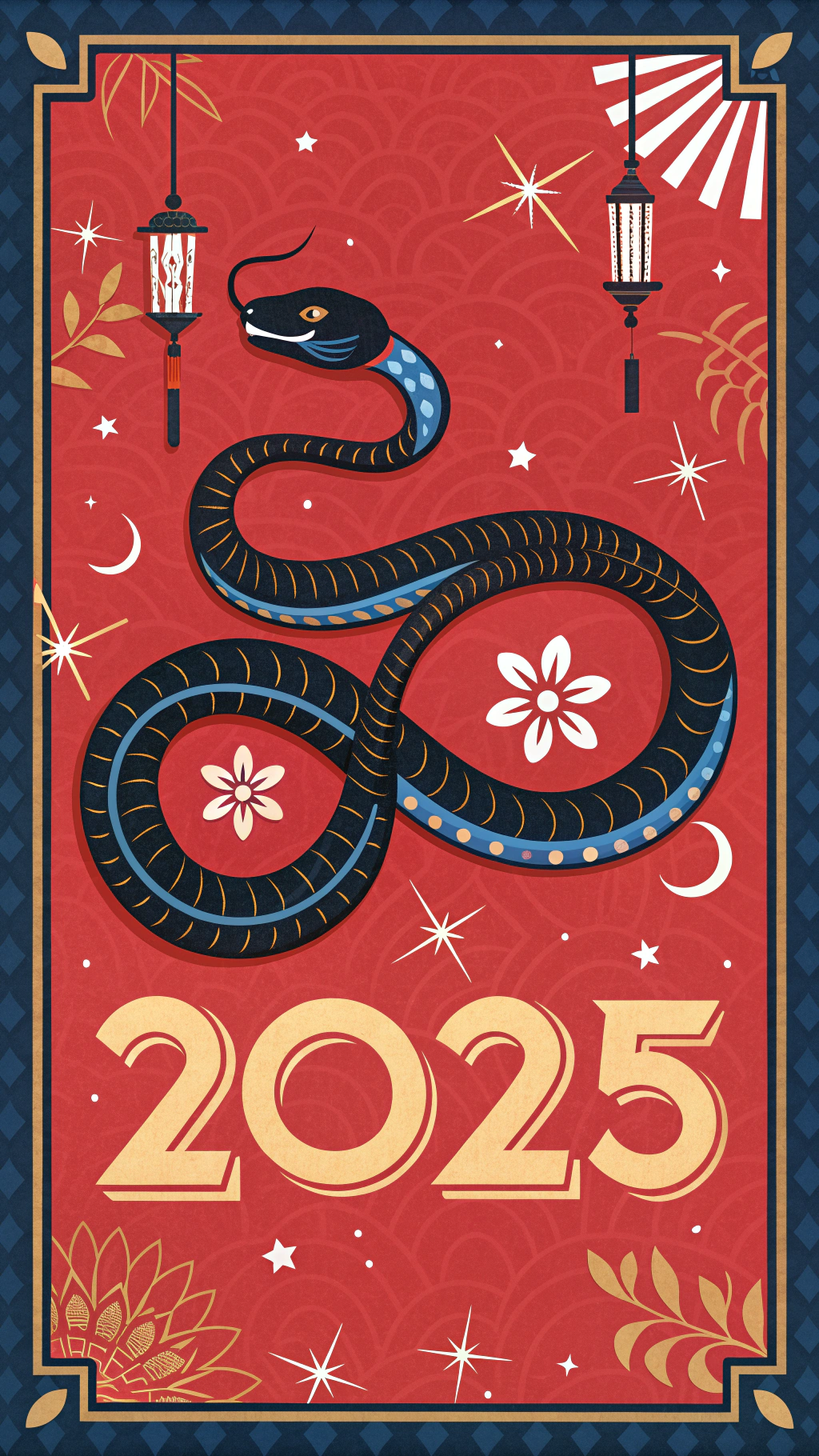 AI generated image by Red Panda AI: 設計一張2025的新年海報，有蛇的元素，蛇要有時尚感，整體採用大紅色為主，黑色寶藍金色為輔，字體為英文。