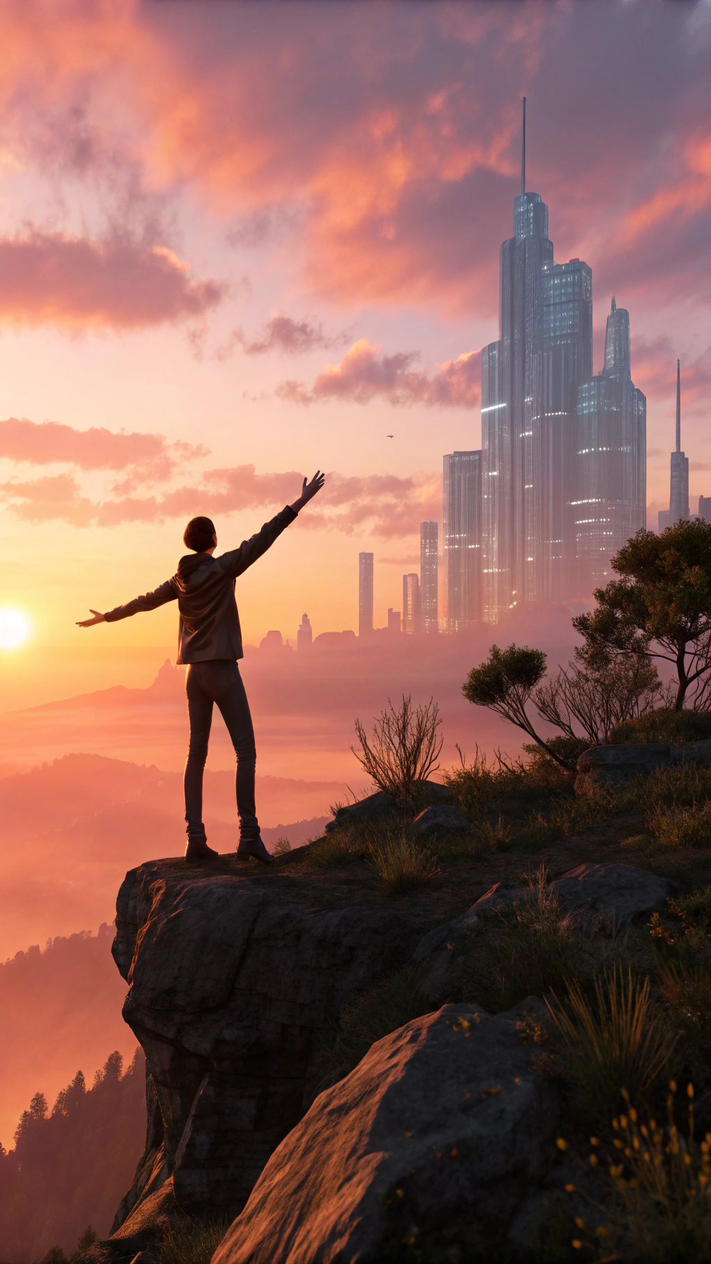 AI generated image by Red Panda AI: A 3D hyper-realistic scene of a person standing on a cliff at sunrise, arms open, watching a futuristic city rise in the sky made of transparent light structures, symbolizing ideas taking form.
