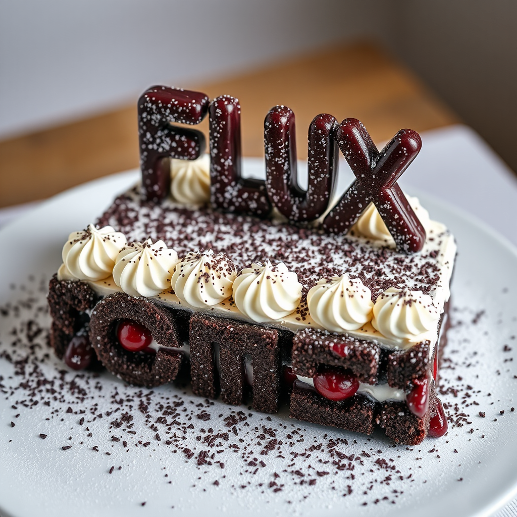 AI generated image by FLUX.1-schnell: black forest gateau cake spelling out the words "FLUX SCHNELL", tasty, food photography, dynamic shot