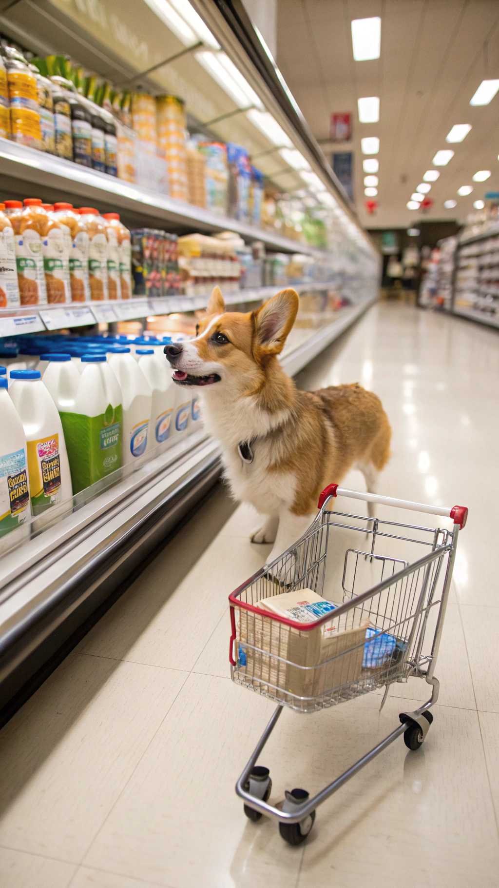 AI generated image by Red Panda AI: standing corgi going shopping in an American grocery store next to the milk and eggs aisle pushing a miniature shopping cart filled with breakfast items