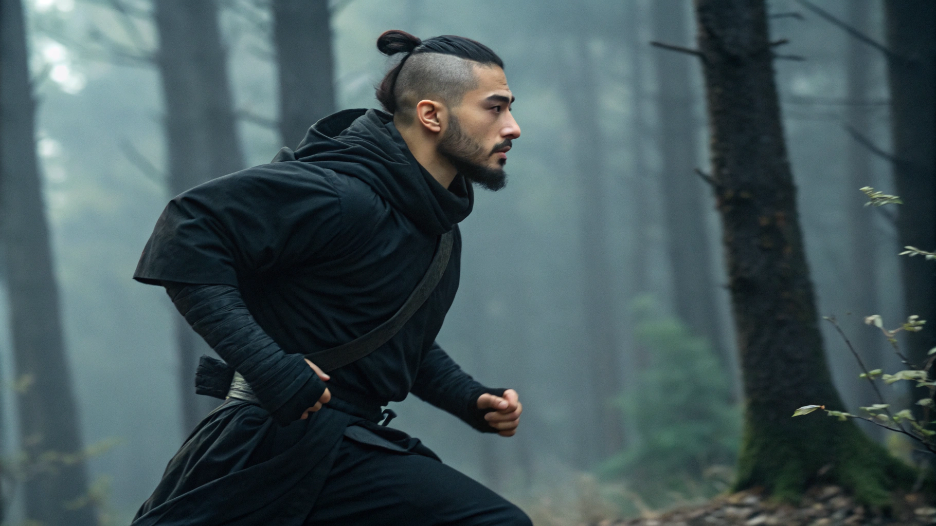 AI generated image by Red Panda AI: a young arabian lean man, with short beard, undercut and samurai's style bun, wearing black, running away from something in a dark forest, cinematic scene, realistic 3D animation, stranger things Colorimetry style