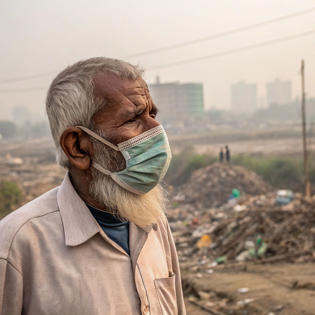 AI generated image by Red Panda AI: Se observa una persona masculina de más de 50 años originaria de Bangladesh portando un cubrebocas desgastado, su mirada es desconsolada y triste, de fondo se observa la ciudad de Bangladesh muy contaminada con humo de automóviles y montañas de basura.