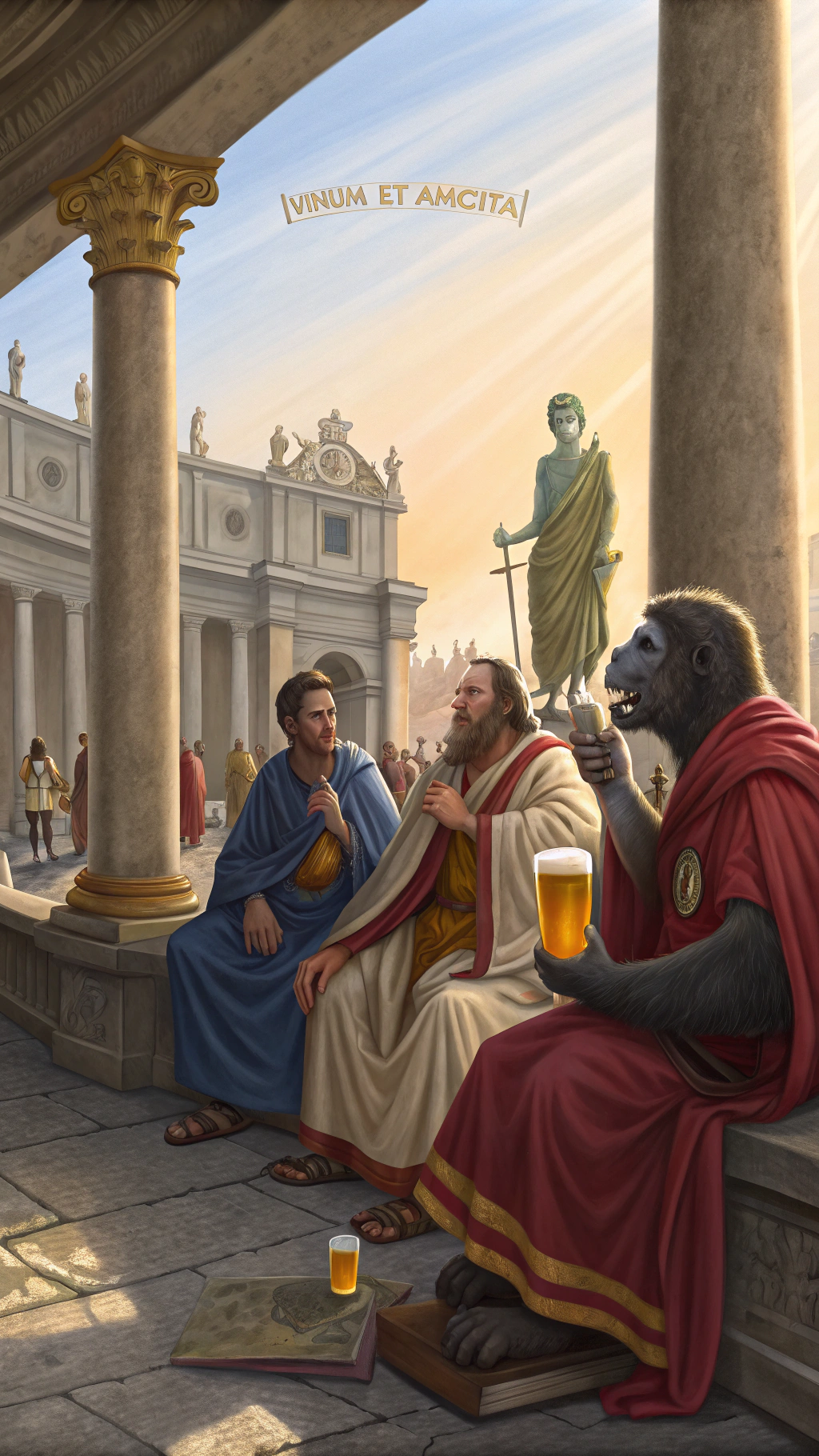 AI generated image by Red Panda AI: Gere uma imagem de Cinco amigos católicos, incluindo um primata, vestidos com togas romanas, bebendo cerveja em um taberno no Império Romano. O primata, um gorila, usa uma cruz peitoral e segura uma caneca de cerveja. Os amigos estão sentados em um banco de pedra, cercados por colunas romanas e estátuas de santos católicos. Ao fundo, o Coliseu Romano é visível. A atmosfera é de alegria e amizade.

Estilo: Arte clássica, realismo.

Cores: Azul, vermelho, dourado, marfim.

Textura: Pedra, madeira, tecido.

Iluminação: Luz dourada do pôr do sol.

Detalhes:

- O gorila tem uma expressão de alegria.
- Uma taça de cerveja está quebrada no chão.
- Um amigo segura um livro de orações.
- Outro amigo usa uma medalha de São Pedro.
- O taberno tem um letreiro que diz "Vinum et Amicitia" (Vinho e Amizade)