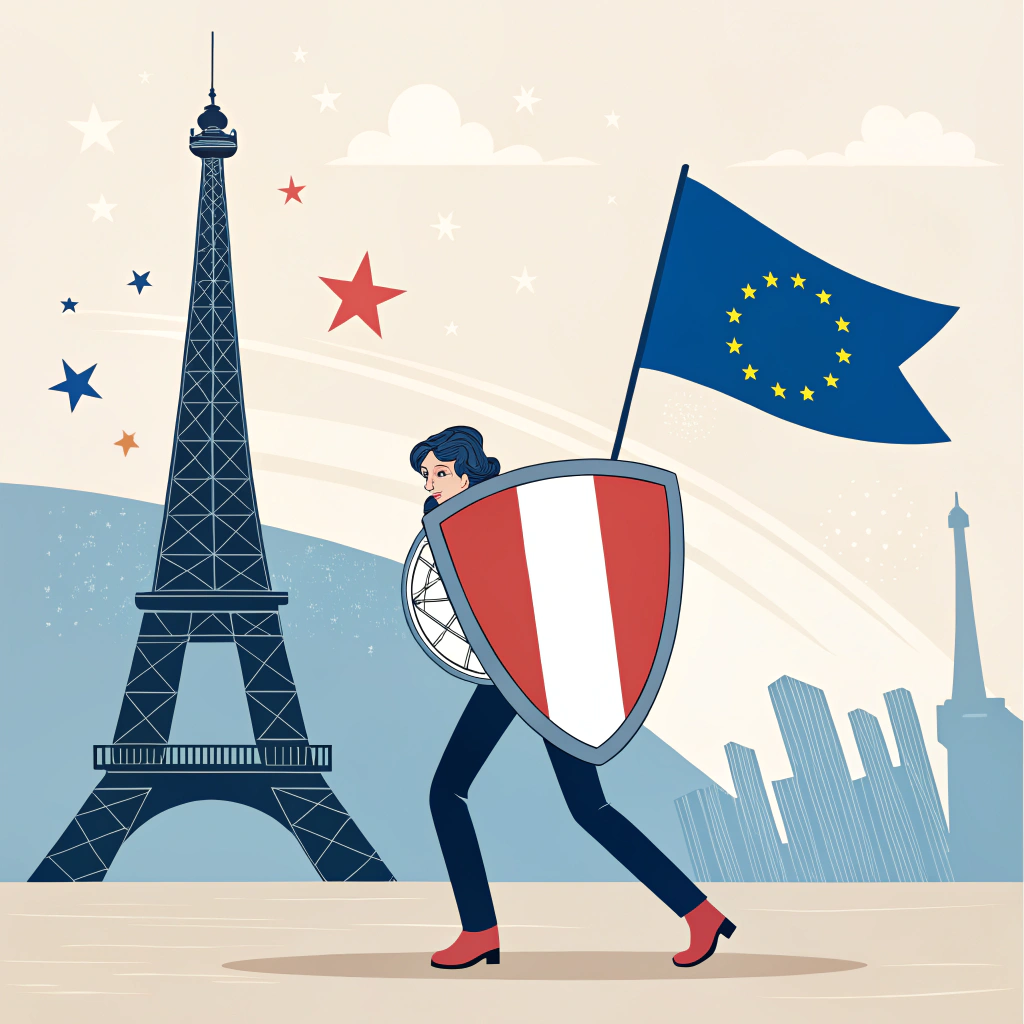 AI generated image by Red Panda AI: Une image qui montre le concept de la france qui refuse la législation européenne en utilisant un bouclier.  Ne pas mettre de texte. 
