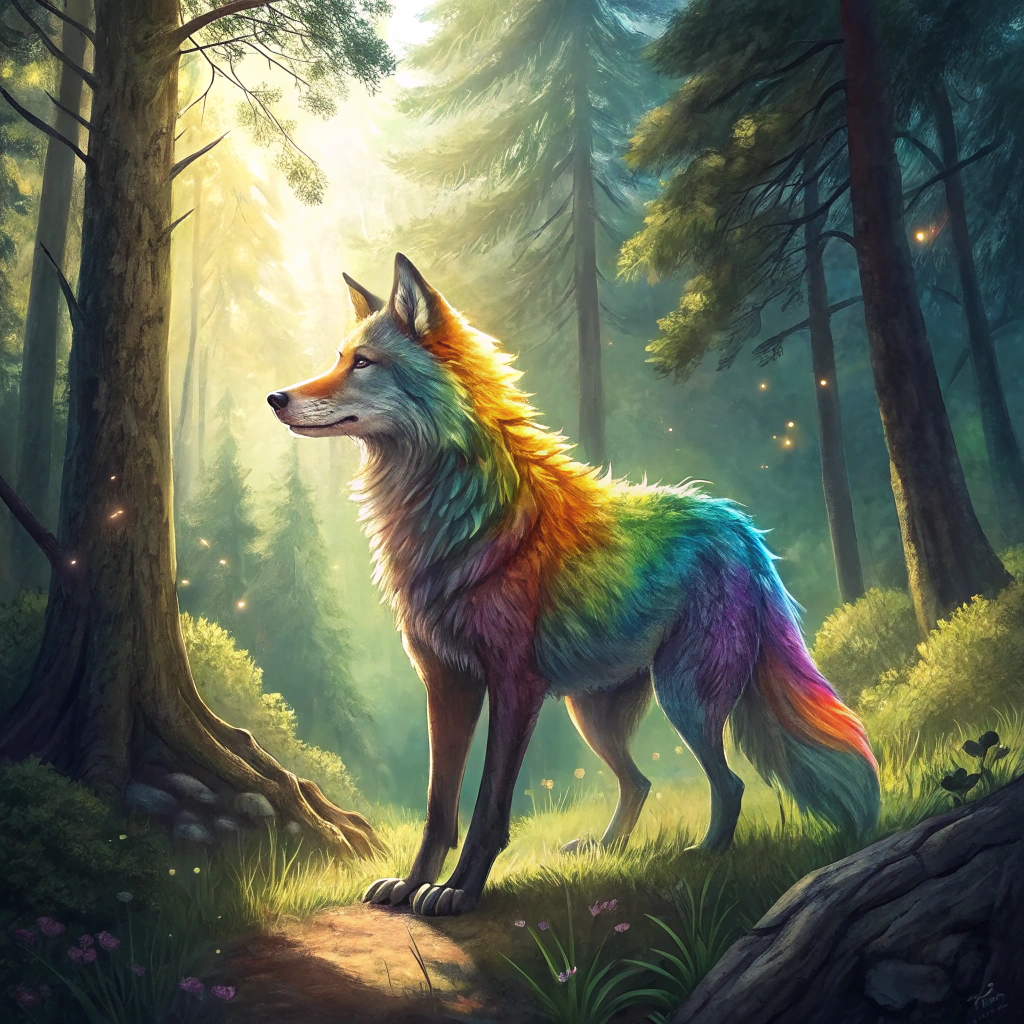 AI generated image by Red Panda AI: An attractive rainbow-colored 30-40 year old male slightly glowy anthro fox/wolf standing in a forest with sunlight glinting through the trees.