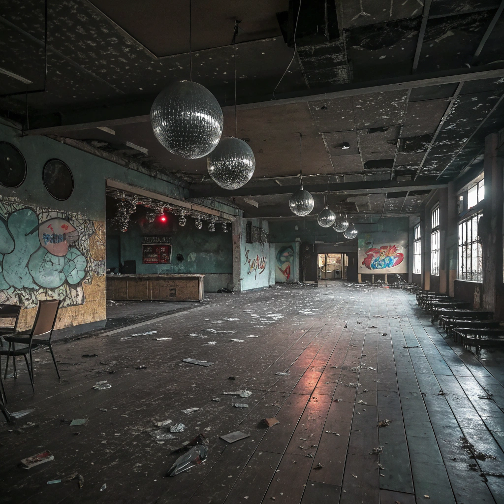 AI generated image by FLUX.1-schnell: A photo realistic photo of a empty dystopian discotheque 