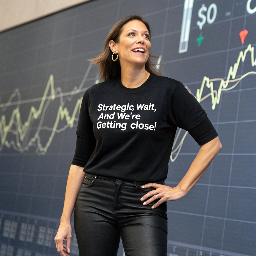 AI generated image by Red Panda AI: there is a stunningly beautiful woman who wears a shirt that says, "Strategic Wait, and we're getting close!" in clear, obvious, font, there is a money flow somewhere, stock market motif "Strategic Wait, and we're getting close!" is the text,