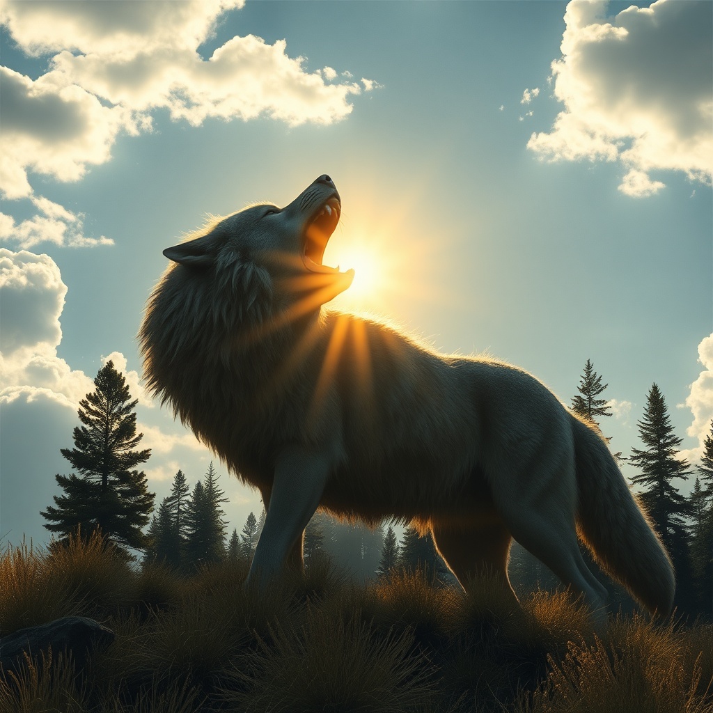 AI generated image by FLUX.1-schnell: A giant wolf eating the sun