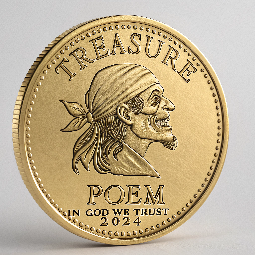 AI generated image by Red Panda AI: Gold coin with clearly visible and legible text, with "TREASURE POEM" arching around the top of the gold coin. In the center of the gold coin a head shot showing a pirate on the gold coin. Near the bottom clearly visible and legible text, with "IN GOD WE TRUST" and below that the year "2024" in clearly visible and legible text arching around the bottom of the gold coin. 