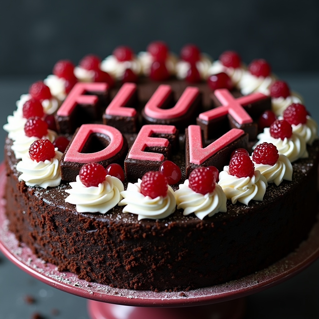 AI generated image by FLUX.1: black forest gateau cake spelling out the words "FLUX DEV", tasty, food photography, dynamic shot