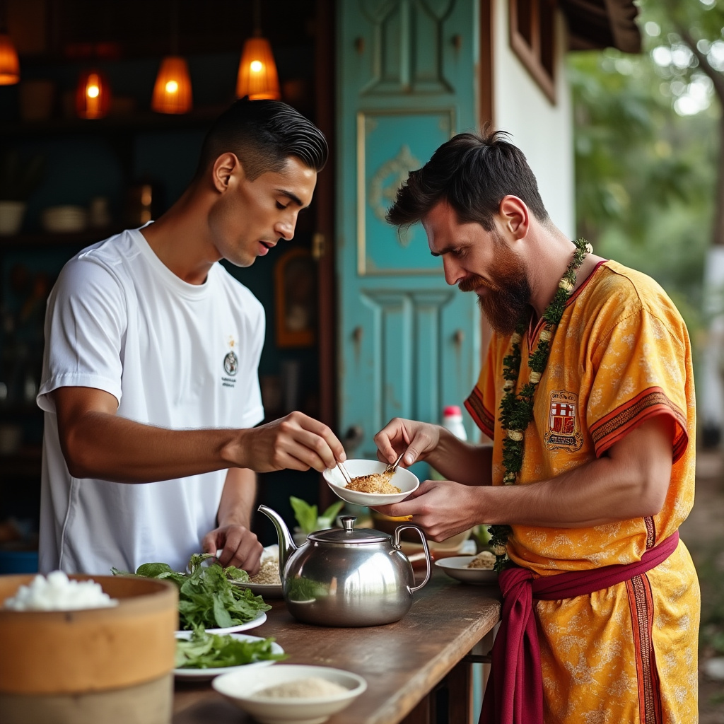 AI generated image by FLUX.1-pro: Cristiano Ronaldo make tea and Leonel Messi making dosa in a kerala roadside tea shop with south kerala dress