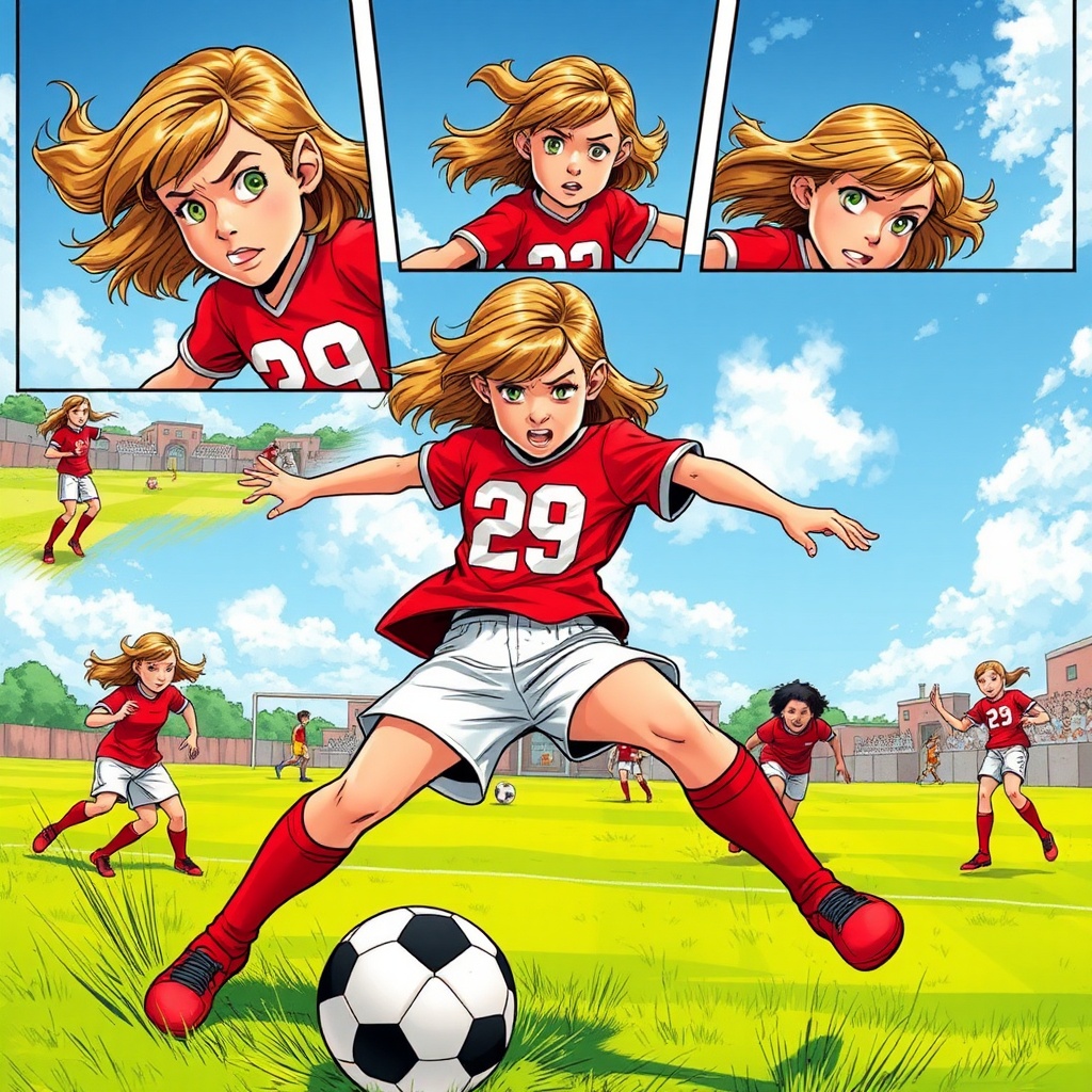 AI generated image by FLUX.1-schnell: A vibrant multi-panel comic scene in Jim Lee's dynamic style, capturing an 8-year-old girl with fair skin and sandy blonde/brown, shoulder-length hair, looking fierce and tough, aggressively playing soccer, tackling opponents in a vivid green field under bright blue skies, wearing a bold red shirt with a white "29," white shorts, and matching red socks, showcasing action and excitement.