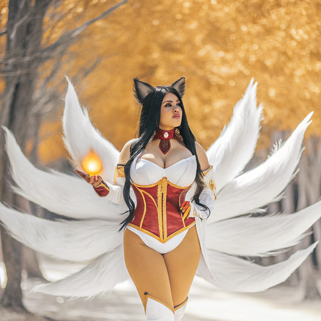 AI generated image by Red Panda AI: Aqui está um prompt detalhado para descrever a imagem:

"A stunning woman dressed as Ahri from League of Legends, with a highly detailed and vibrant costume. She has long, flowing fox-like tails, glowing with an ethereal blue hue. Her outfit features intricate details of Ahri's iconic attire, including a tight red and white corset-like top with golden accents. The woman has an hourglass figure, accentuated by her large bust and toned physique. Her long, silky black hair flows gracefully, and her fox ears are perfectly placed, adding a mystical touch. She is standing confidently in a magical forest setting, with a subtle glow around her, holding an orb of energy in her hand, and her expression is powerful."

