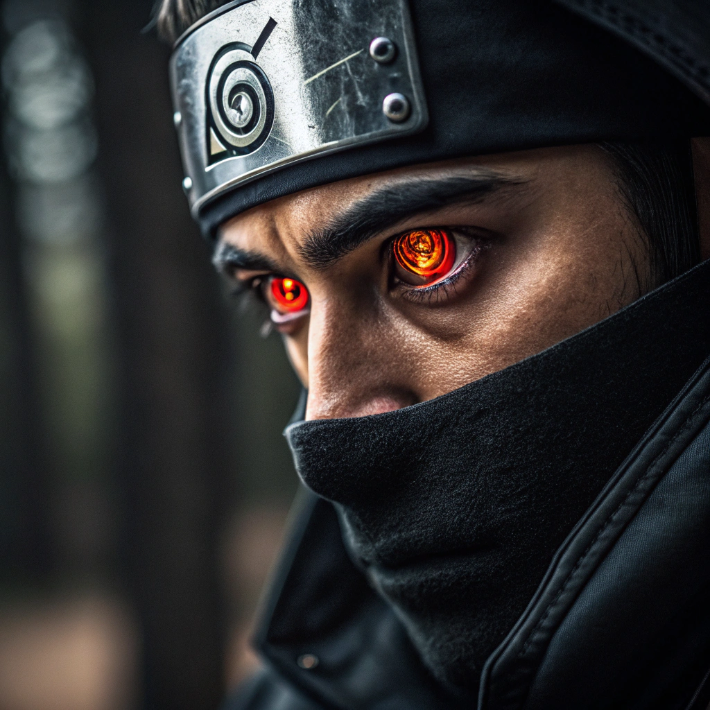 AI generated image by Red Panda AI: creame el mangekyo rinnegan con el sharigan de madara y el rineggan de NAGATO y que sea rojo con Amarillo y que lo tenga un shinobi 