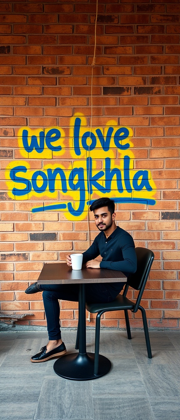 AI generated image by FLUX.1-schnell: Long shot, realistic shot of a man sitting on a chair, table, with a cup of coffee placed on it, with a tall brown brick wall in a beautiful style, with yellow spray paint and the text "we love songkhla" in blue as a background. High definition, 32K.