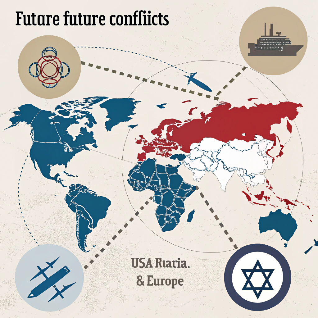 AI generated image by Red Panda AI: crée moi une image pour un artcile géopolitique qui parle des futurs conflits de reconquete des usa, de la russie, d'israel et de l'europe


