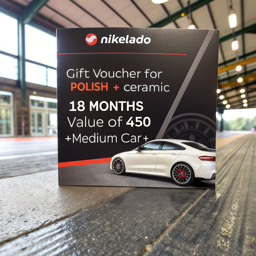 AI generated image by Red Panda AI: Haz un vale regalo (para una empresa de limpieza de coches) que ponga:
Vale regalo para
Pulido + ceramico 18 meses
Por valor de 450€

*coche mediano*
La empresa ese llama nikelado