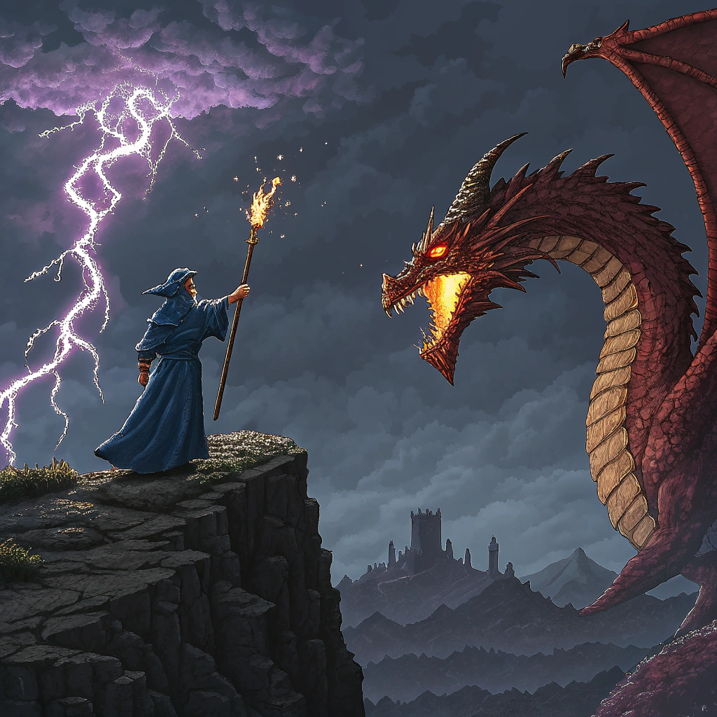 AI generated image by Red Panda AI: "A pixelated, retro-style fantasy battle scene reminiscent of 16-bit era video games. A lone wizard in tattered, deep-blue robes stands atop a jagged cliff, staff raised high, casting a glowing arcane spell toward a monstrous dragon. The dragon, massive and coiled mid-air, has crimson scales, glowing yellow eyes, and a gaping mouth full of fire. The background is a grainy, stormy sky with dark purple clouds and flickering lightning bolts, illuminating a ruined medieval castle in the distance. The entire scene is rendered in a nostalgic, grainy CRT style with visible scan lines and pixel bloom—evoking the feel of a forgotten cartridge-era RPG boss battle. The moment is frozen in time: tension crackles, magic hums, and destiny looms large over the clash of myth and fire."