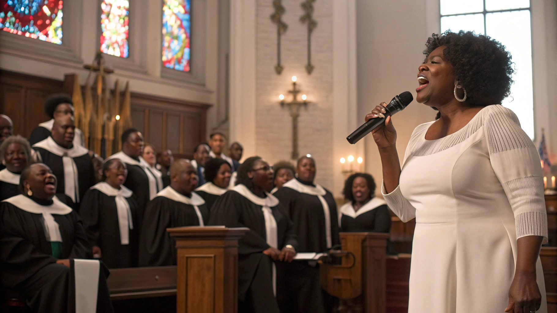 AI generated image by Red Panda AI: Believe me, an image with African-American people singing in a church with black and white church attire and the main singer is a woman and has a microphone in front and with people in front of the altar worshipping 16:9 a realistic image with 4k quality