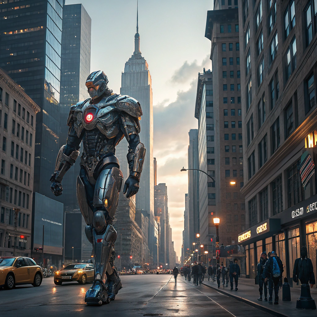 AI generated image by FLUX.1-schnell: Show,photorealism,ultradetailed,painting a 100ft tall super cyborg walking down the strees of manhattan,new york