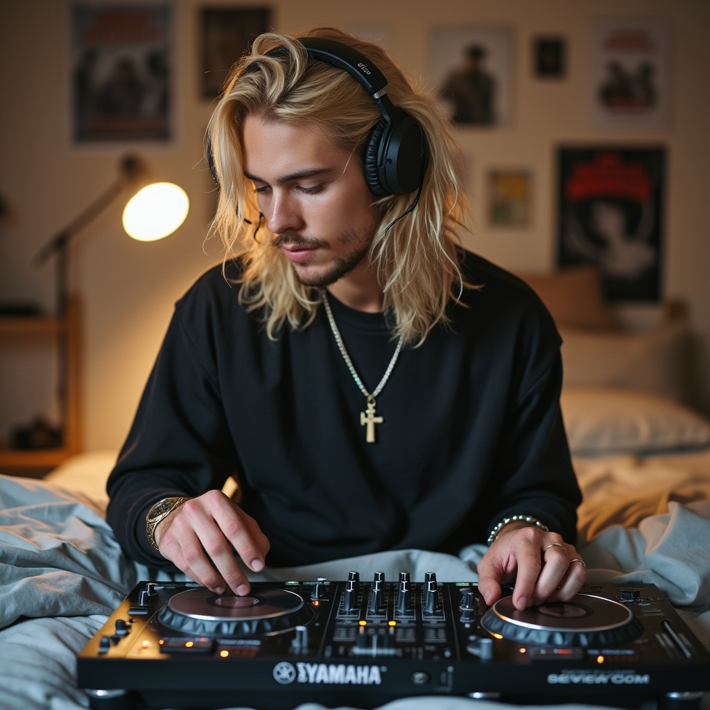 AI generated image by FLUX.1-pro: Professional photo Young male model, blonde long hair rapper musician, with Sony-headphones, mixing music on his Yamaha-mixer in his studio apartment bed, blurry background with music instruments, posters and apartment interior