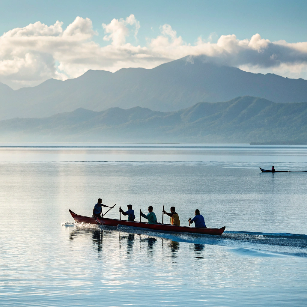 AI generated image by Red Panda AI: people paddling a hawaian canoe in a windless sea with mountains in the background.