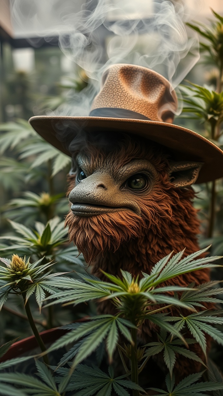 AI generated image by FLUX.1-schnell: oso flaco con cara de fumado, en una plantacion de marihuana 