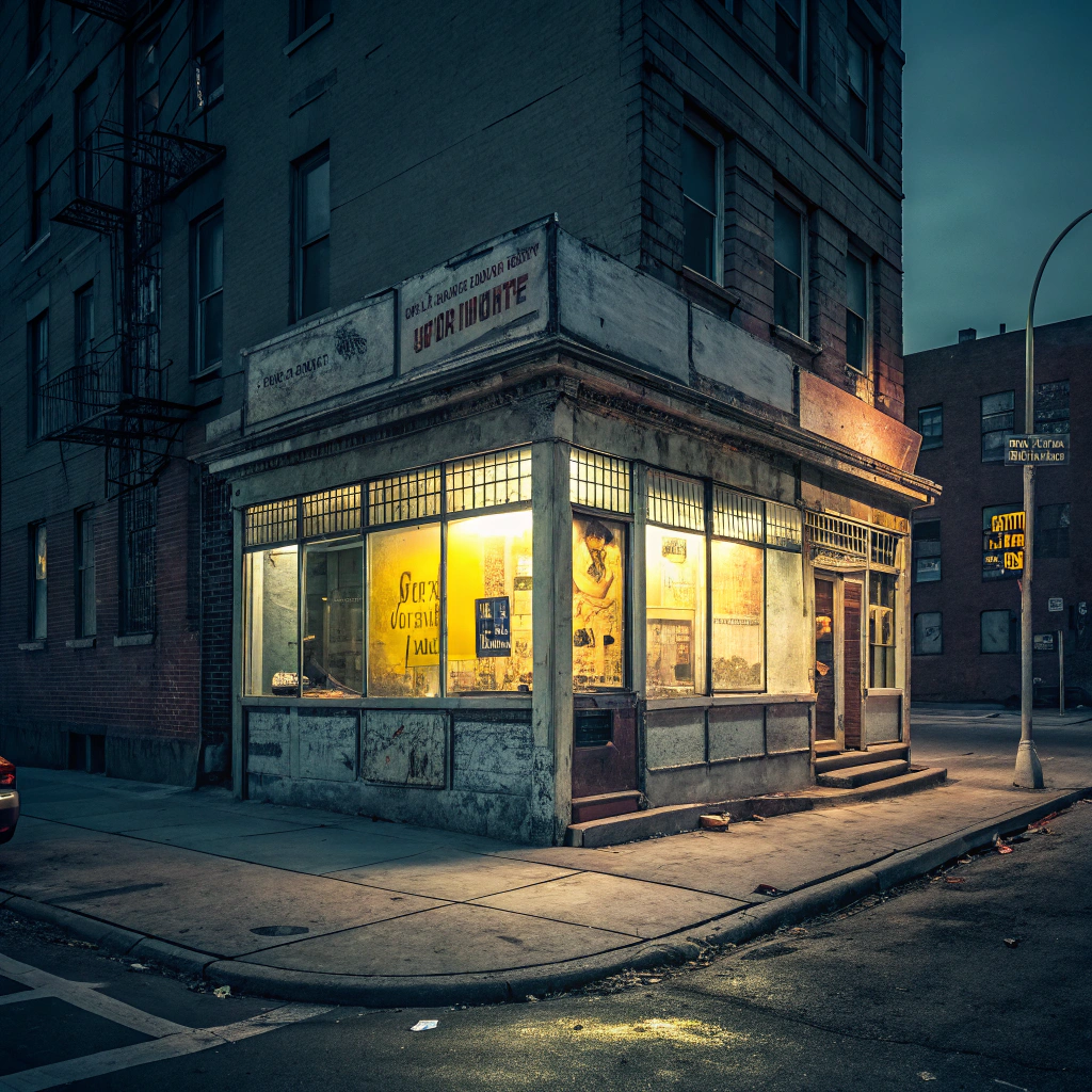 AI generated image by Red Panda AI: An old shop on a deserted street corner; the sign is worn and partially illegible; dirty windows with weak reflections of interior light; flickering lights create an eerie effect; 8K resolution, cinematic style with dramatic lighting; 50mm lens to capture the full urban context; marked depth of field with sharp store front and blurred background; cool color palette with yellow accents in interior lights; 21:9 format.