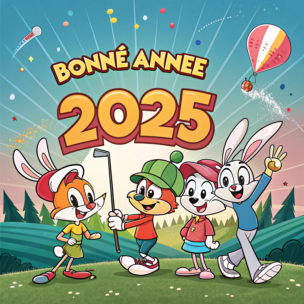 AI generated image by Red Panda AI: Una colección de diez adorables pegatinas de golfistas de dibujos animados al estilo Looney-Tune. Un póster vibrante y edificante con la cita "Bonne Année 2025" en tipografía atrevida y alegre. El texto está rodeado de elementos dinámicos como rayos de sol radiantes, confeti de colores e ilustraciones juguetonas de rostros sonrientes. Cada animal está dibujado en un estilo vívido y colorido, con ojos expresivos y poses atractivas.