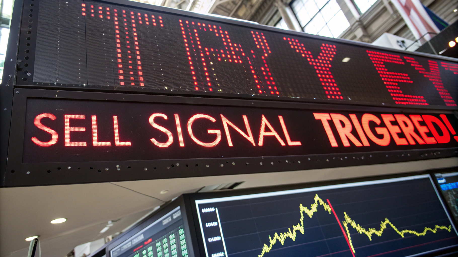 AI generated image by Red Panda AI: "Sell Signal Triggered!" is on a stock chart for the "SPY".  It is flashing red lights, big, bold, clear, stock market motif