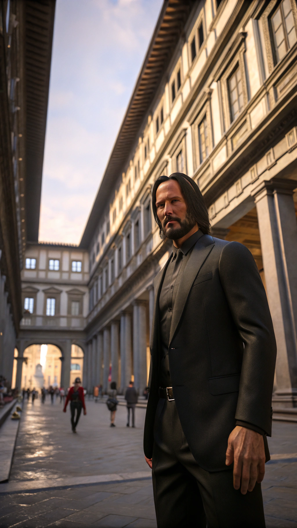 AI generated image by Red Panda AI: A realistic character in fortnite style, similar to John wick film poster from john wick, in a suit, looking badass, neutral face, 3d render style, slightly anamorphic, in front of a Uffizi gallery, looking into the camera, face clearly visible, dvd screengrab UHD, realistic, ultra detail,
intricate details, volumetric lighting, 3d model, fake, photography, digital art, 8k, future, Cinematic,
Photography, Ultra - Wide Angle, Depth of Field, hyper - detailed, insane details, intricate details, beautifully
color graded, Unreal Engine 5, Cinematic, Videogame, Fortnite Shot on 25mm lens --ar 9:16

