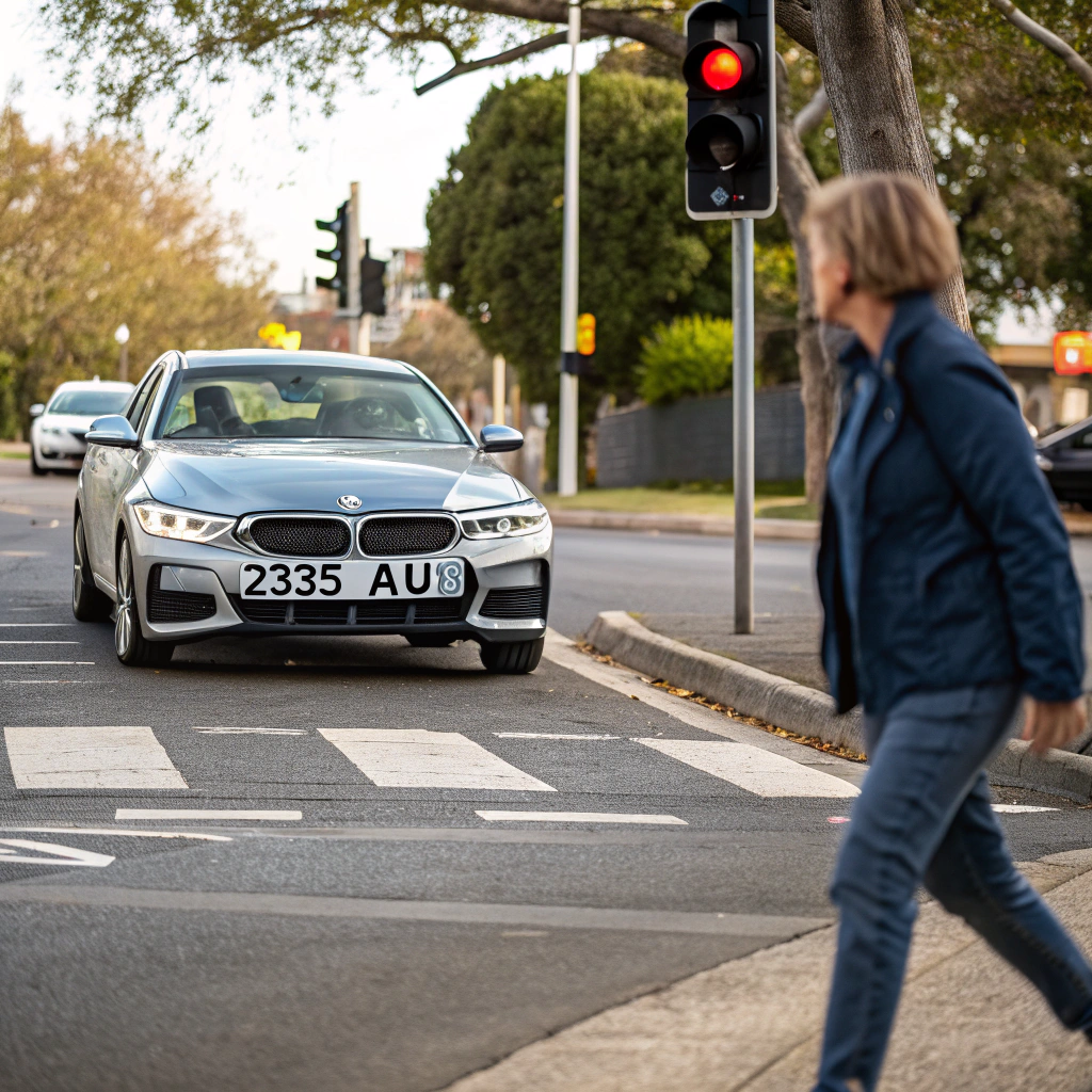 AI generated image by Red Panda AI: On the sidewalk, a person is crossing the road, his face is clearly visible, and a BMW car is waiting at the traffic light, the license plate "235 AU8" is clearly visible.