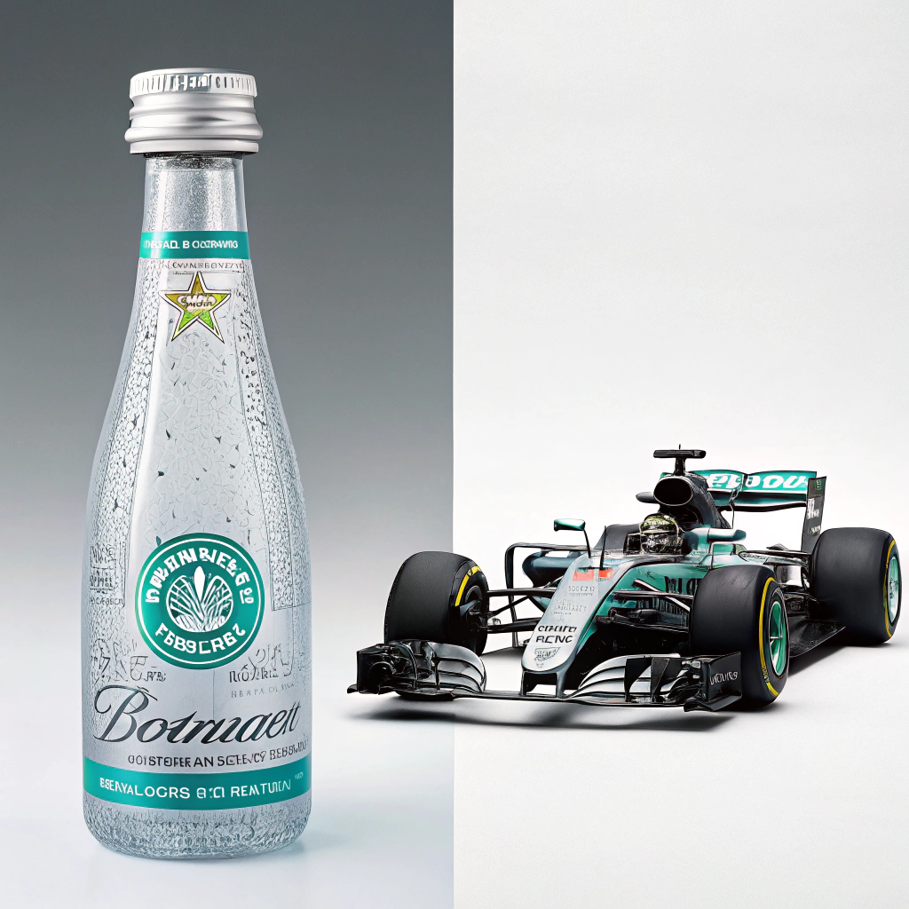 AI generated image by Red Panda AI: Contrastar un monoplaza de formula 1 ecológico actual con una botella de agua premium
