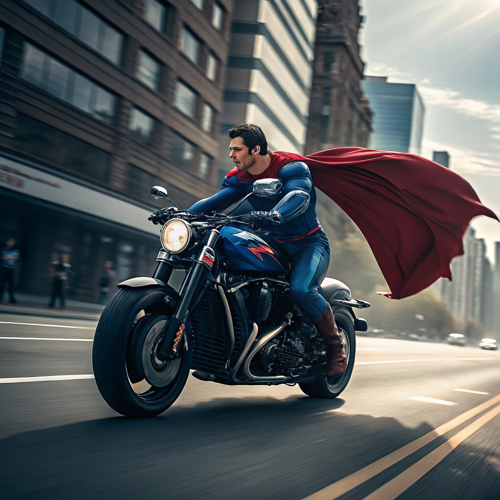 AI generated image by Red Panda AI: superman riding a motorcycle